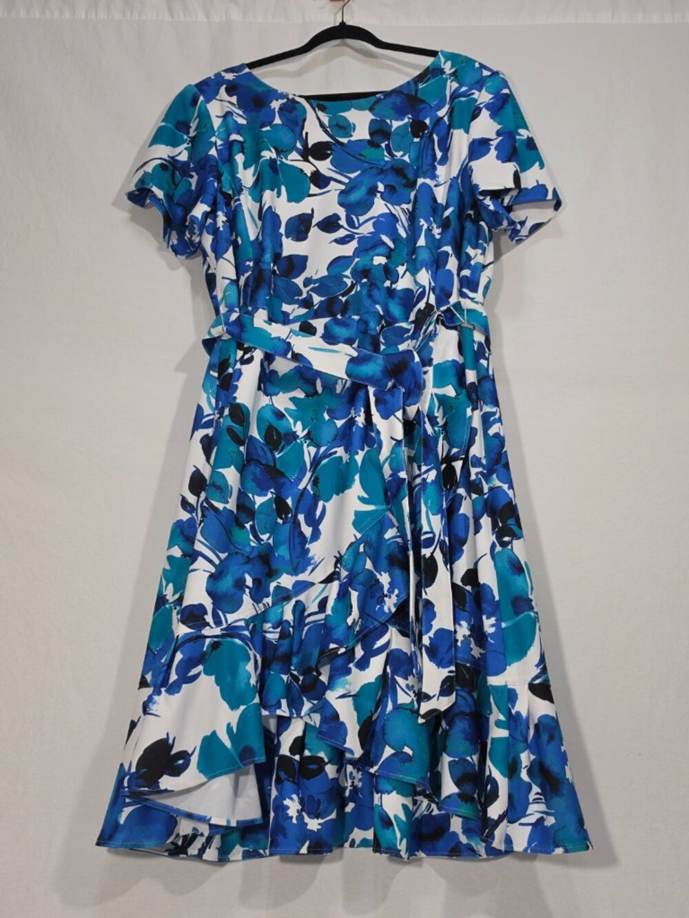 CALVIN KLEIN Floral Vibrant BLUE Crepe Wrap Belt Ruffle Hem Midi-Dress Size 22W